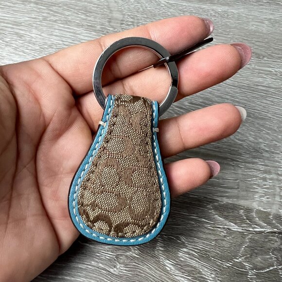 COACH Brown Key Ring Fob Signature C Monogram Logo Canvas Jacquard Leather - Picture 1 of 2